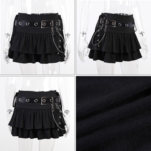 Custom Design Women's High <b>Waist</b> Gothic Punk Mini Skirt Black A Line Tiered Ruffle Hem with Belt <b>Chain</b> Wholesale - Product Image 6
