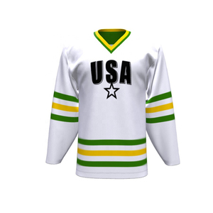 Maillot de hockey sur glace USA blanc, vert, jaune, col en V, manches longues, respirant, en polyester, vêtement d'équipe unisexe pour adulte, coupe classique - Product Image 1