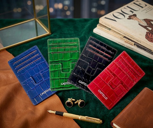 [Top Ranking] Castello Cowhide Croco Embossed Leather <b>Slim</b> <b>Card</b> Case <b>Holder</b> Wallet Open Polyester Black Navy Red Green - Product Image 6