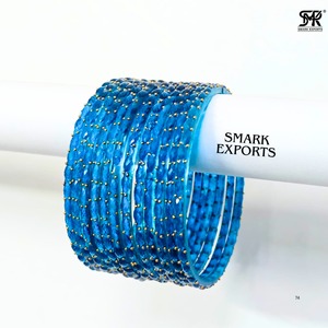 Elegante Juego de Brazaletes de Cristal Azul con Cuentas Doradas, Brazaletes Tradicionales Indios Chudi para Novia, Juego de 12 Piezas, Joyería Étnica para Mujer, Estilo Elegante - Product Image 3