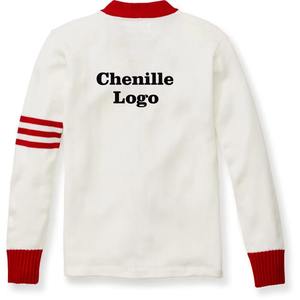 Cardigan en tricot pour homme, col en V, blanc avec bordure rouge, manches longues, fermeture boutonnée, style automne, pull avec logo sur le devant - Product Image 6
