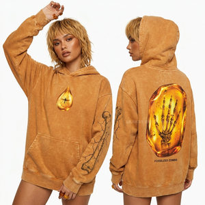 Sweat à capuche gris clair vieilli avec motif Alien Xenomorph personnalisé au dos, imprimé UFO sur les manches, délavage acide, streetwear, pull-over, fabricant - Product Image 2