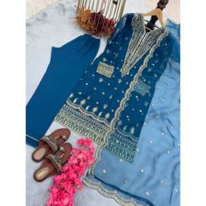 Magnifique ensemble haut, bas et dupatta en organza de soie lourd, idéal pour les fêtes, avec manches longues en tissu chiffon - Product Image 2