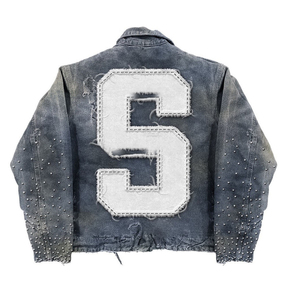 IBEX Vintage Distressed <b>Denim</b> Jacket Chenille Letter Patch Rhinestone Studded Oversized Streetwear Winter Jean <b>Coat</b> for Men - Product Image 1