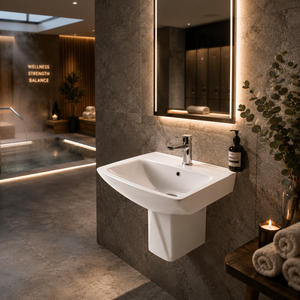 Lavabo Semi-Pedestal Moderno Trigon con Soporte para Grifo de un Solo Orificio, Diseño Minimalista, Lavabo de Cerámica Pulida para Baño - Product Image 2