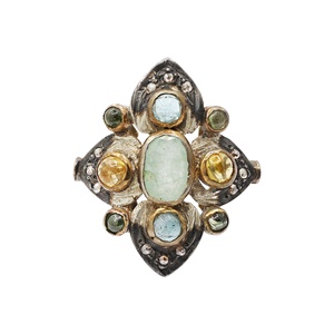 Bague Bouclier en Argent Sterling 925 Bicolore Oxydé avec Aquamarine Naturelle et Multiples Pierres Précieuses, Vente en Gros, Memoria Jewels - Product Image 1