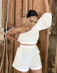 Solid Casual Collarless White Linen Cropped <b>One</b> Sleeve <b>Top</b> High Waist Elastic Waistband Shorts Women Summer - Product Image 4
