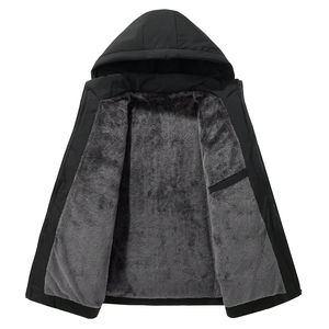 Premium Men's Winter Puffer <b>Jacket</b> Hooded Thick <b>Fleece</b> <b>Lined</b> Windproof Casual Style Black Polyester Wadding Zipper Closure - Product Image 5
