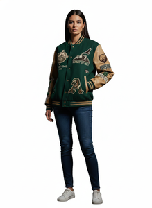 Veste universitaire vintage de style collégial en mélange de laine premium, avec broderie en chenille de haute qualité, manches en similicuir et multiples patchs - Product Image 2