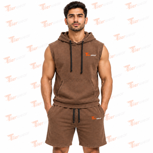 <b>Men's</b> Brown Acid Wash Sleeveless <b>Hoodie</b> <b>and</b> <b>Shorts</b> <b>Set</b> Summer Cotton French Terry Streetwear Outfit <b>Hoodie</b> Summer <b>set</b> - Product Image 4