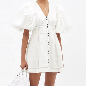 Robe en lin pour filles, vêtements élégants, personnalisés, manches bouffantes, boutons, mini-robe décontractée pour femmes - Product Image 1