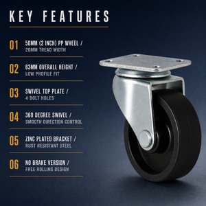 Roue pivotante en PP de 2 pouces (50 mm) pour usage léger avec plaque supérieure zinguée sans frein pour chariot de meubles - Product Image 3