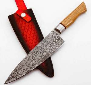 Couteau de chef utilitaire artisanal en acier Damas goutte de pluie, manche en bois, outil de découpe pour barbecue extérieur avec étui en cuir - Product Image 1