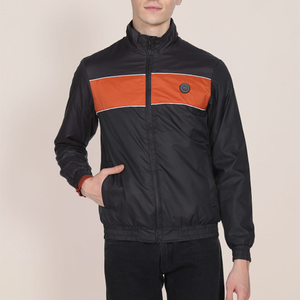 Men'<b>s</b> Color Blocking Racer <b>Jacket</b> Windproof Stand Collar Zipper Closure Sporty Style Autumn Wear Black Orange Panel Design - Product Image 4