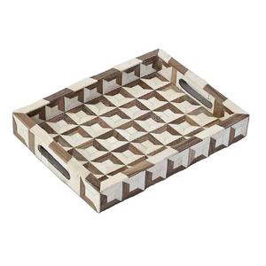 Plateau rectangulaire de service décoratif moderne, dernier design, fait main, incrustation d'os, motif marocain marron et crème - Product Image 1