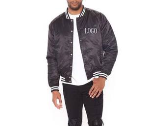 Men's Black Bomber Jacket With White Stripe Trim Embroidered Logo Front <b>Button</b> Closure Regular Fit Autumn Casual Style - Product Image 5