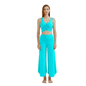 Women's Yoga Set Solid V-Neck High Waist Wide Leg Pants 2-Piece Breathable Spandex/Nylon <b>Lace</b> <b>Elastic</b> Waist Front Ankle-Length - Product Image 2