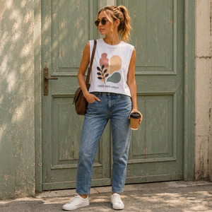 T-shirt sans manches en jersey simple tricoté pour femme, respirant, en coton, pour l'été - Product Image 2