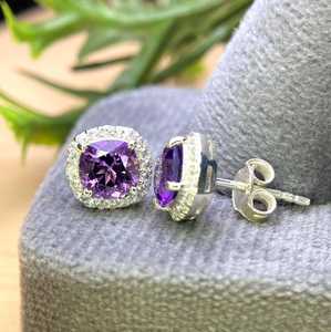 Boucles d'oreilles en améthyste naturelle, argent sterling 925 ou or 14 carats, halo de pierres précieuses violettes, bijoux de mariage, cadeau de mariée pour elle - Product Image 3