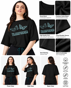 เสื้อยืดโอเวอร์ไซส์สีดำสำหรับผู้หญิงพิมพ์ลายกราฟิกพร้อมลายผีเสื้อ – เสื้อยืดสตรีทแวร์แบบไหล่ตก - Product Image 3