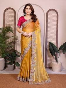 Sari en soie dorée NiMa Creations, broderie rose, tenue de mariage traditionnelle pour femmes, longueur au sol, coupe classique, séchage rapide, toutes saisons - Product Image 1