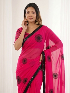 Indian Traditional Ethnic Beautiful Georgette Saree with Embroidery <b>Sequins</b> Work for Women Wedding <b>Party</b> Wear Elegant Outfit - Product Image 3