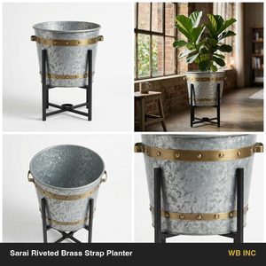Support de plante en fer galvanisé fait main de 32 cm, avec rivets en laiton Sarai et sangles en laiton rivetées, pour décoration intérieure et pot de plante - Product Image 6
