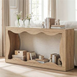 63\" Natural Narrow <b>Console</b> <b>Table</b> with Wavy Hollow Design 2 Tier Extra Long Entryway <b>Table</b> with <b>Storage</b> Shelf - Product Image 1