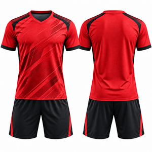 Ensemble de maillots de football personnalisés pour hommes, rouge et noir, col en V, tissu respirant, kit uniforme de football avec short - Product Image 1