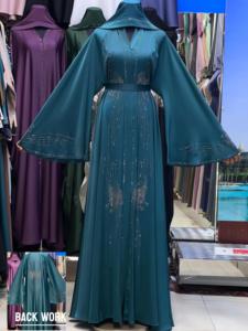 2026 New Teal V Neck Long Sleeve Floor Length Modest Polyester Abaya <b>Flared</b> Hem Beaded Detail Women's Traditional Muslim Daily - Product Image 1