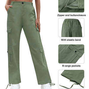 Women's High Waist <b>Cargo</b> Pants Solid Green Canvas Casual Full Length With Pockets Loose Fit Drawstring Closure Spring Style - Product Image 6