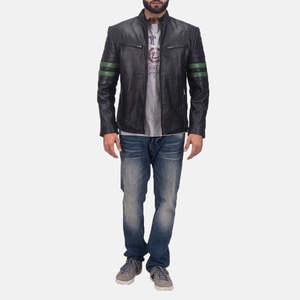 Veste de moto en cuir véritable noir pour homme avec manches rayées vertes, col montant, fermeture éclair, coupe ajustée, style moto - Product Image 6