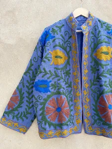 <b>Women</b> Uzbek Suzani Style Cotton <b>Jacket</b> Blue Floral Embroidery Traditional Stand Collar Bohemian Outerwear - Product Image 2