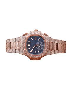 Reloj cronógrafo de lujo con diamantes, caja de oro rosa, esfera azul, analógico de cuarzo, cierre desplegable para hombre, 42 mm, elegante reloj de pulsera. - Product Image 1