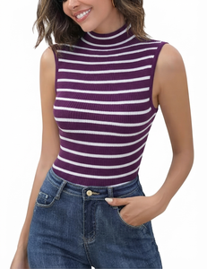 Camiseta sin mangas de punto a rayas con cuello simulado para mujer, estilo casual, patrón en blanco y negro, longitud regular - Product Image 4
