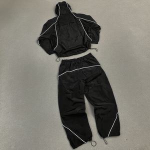 Wholesale Tracksuit Set <b>Mens</b> 2 Piece Black Oversized <b>Jacket</b> Wide Leg Pants <b>White</b> Piping Custom Logo Streetwear Sportswear Outfit - Product Image 3