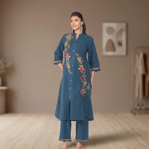 Women's Teal Blue Embroidered Cotton <b>Linen</b> Kurta Pant <b>Set</b> Mandarin Collar Three Quarter Sleeve Straight Fit Ethnic Outfit - Product Image 6
