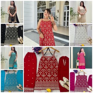Premium Faux Georgette Embroidered Palazzo <b>Suit</b> Set with Heavy Sequin Work and <b>Fancy</b> Lace Dupatta Export Quality - Product Image 2