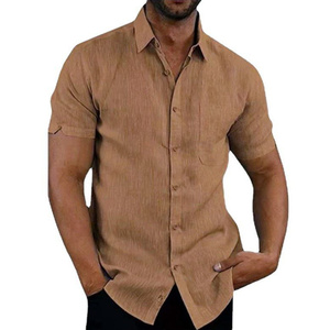 Camisas informales de manga corta de lino y algodón para hombre, blusas formales de playa con cuello vuelto liso, ropa masculina - Product Image 3
