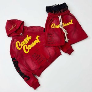 Conjuntos de Sudadera con Capucha y Pantalones Cortos Rojos con Pedrería para Hombre, Personalizados con Logotipo, Ropa Deportiva de 2 Piezas para Niños, Estilo Hip Hop - Product Image 1