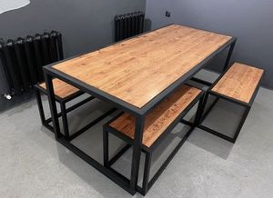 Teak Dining <b>Table</b> <b>Set</b> With <b>Bench</b> Industrial Modern Design For Home Dining Room Furniture cafes <b>and</b> restaurants - Product Image 2