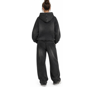 Women's Acid Wash Loose Hoodie Zip Up <b>Top</b> <b>and</b> Wide Leg Sweatpants <b>Set</b> - Product Image 2