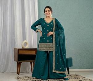 New Solid Designer Party Wear Heavy Roman Silk 3mm Sequence Embroidery Work <b>Top</b> & Plazzo Dupatta Fancy Style - Product Image 2
