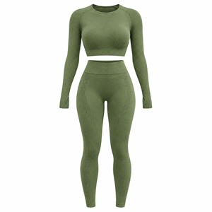Breathable Hollow Dot Knitted Olive <b>Green</b> Yoga Set Long Sleeve <b>Crop</b> <b>Top</b> Butt Lifting Leggings Female Fitness Running Sports Suit - Product Image 1