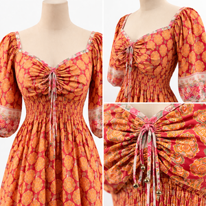 Vestido Largo Casual para Mujer con Mangas Abullonadas, Estampado Artesanal, Ribete Inferior, Cuello con Lazos y Bolsillos Laterales - Una Obra Maestra de la Moda - Product Image 6