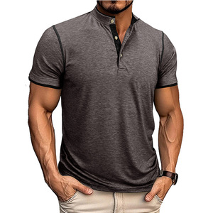 European American Men's Vintage Breathable Stand Collar Open-End Short Sleeve Double-Layer <b>Patchwork</b> Contrasting Color T-<b>Shirt</b> - Product Image 5