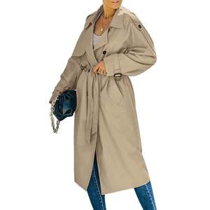 Custom Logo <b>Womens</b> Trench <b>Coat</b> Classic Lapel Belted Long Overcoat Elegant Windproof Winter Jacket Outerwear - Product Image 4