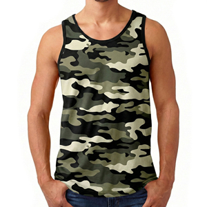 Camiseta sin mangas con estampado de camuflaje para hombre, cuello redondo, tejida, transpirable, informal, para actividades de gimnasio y fitness. - Product Image 1