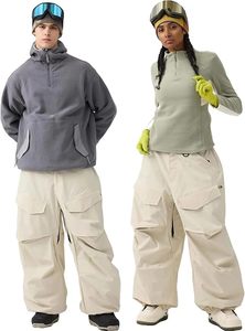 Pantalon de snowboard cargo beige pour femme, imperméable, isolation synthétique, jambe large, taille haute, fermeture boutonnée, vêtements de ski - Product Image 2