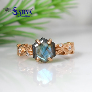 Natural Labradorite <b>Ring</b> 10K <b>Gold</b> Plated 925 Sterling Silver Hexagon Gemstone Vintage <b>Cocktail</b> Engagement Party Jewelry - Product Image 5